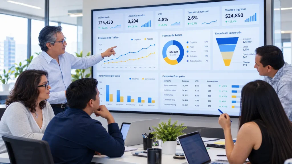 10 características de un post ideal 5 Equipo de INNOVAcenter analizando métricas de alcance, tráfico, leads y conversiones para optimizar un post en redes sociales.