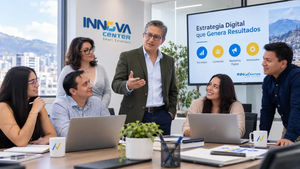 10 características de un post ideal 3 Equipo de INNOVAcenter en reunión estratégica analizando contenido, audiencia y objetivos para crear un post ideal en redes sociales.
