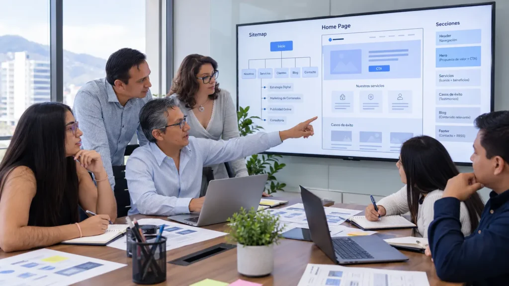 ¿Cuánto cuesta una página web en Ecuador? (Guía de Precios 2026) 3 Equipo de INNOVAcenter analizando la estructura de una página web para definir alcance, contenido, conversión y estrategia digital en Ecuador.