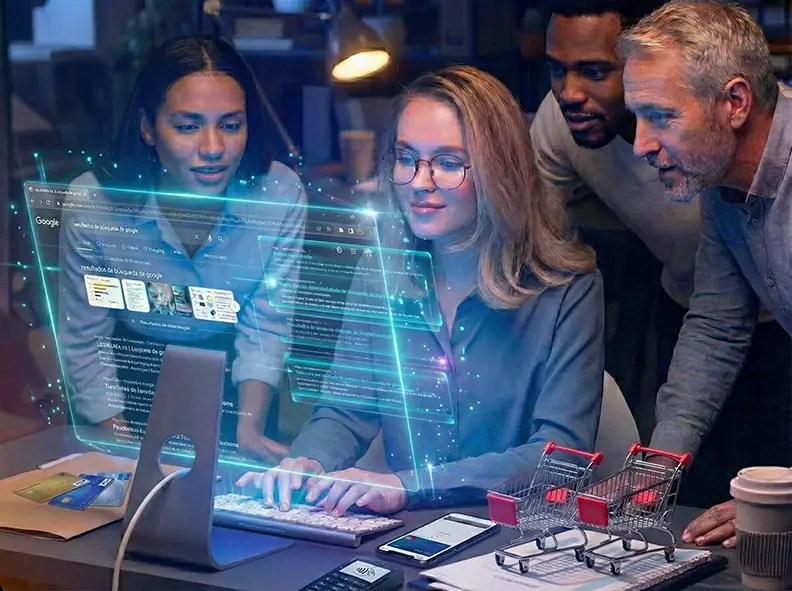 Equipo de expertos analizando estrategia SEO y diseño web en Quito con inteligencia artificial.