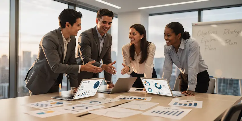 Tres ejecutivos de negocios sonriendo alrededor de una mesa de juntas mientras analizan gráficas y datos, automatizando sus ventas con el Plan ESCALA de nuestra agencia de marketing digital en Quito.