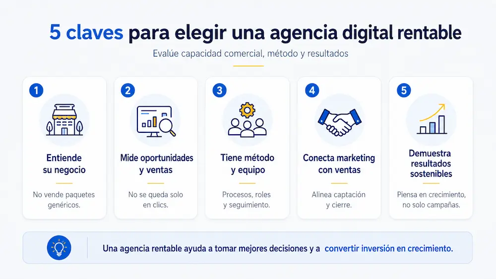 Cinco claves para elegir una agencia digital rentable basada en método, datos y resultados comerciales