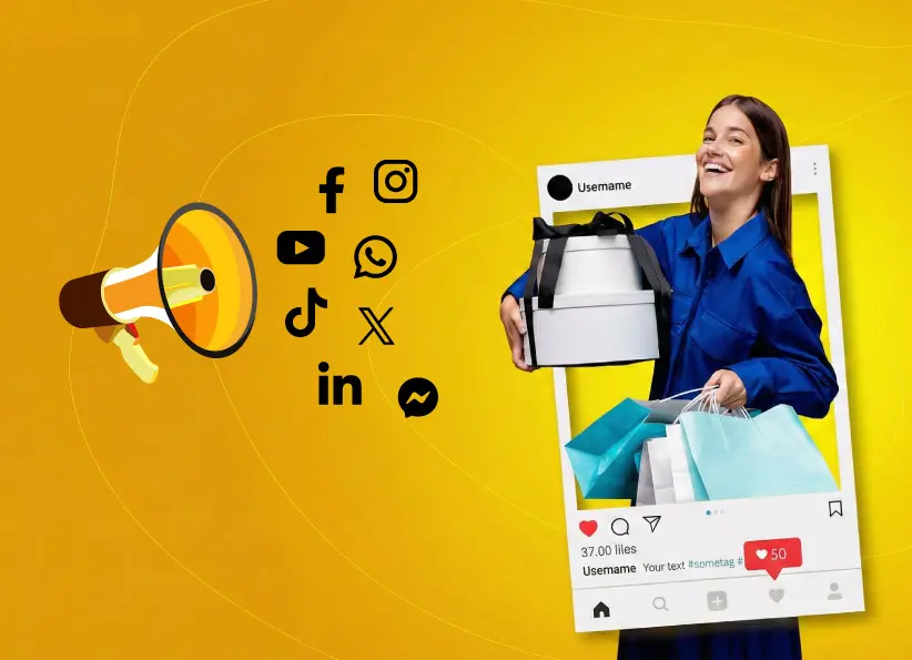 Agencia Marketing Digital 11 Mujer sosteniendo una bolsa de compras junto a iconos de redes sociales y publicidad digital.