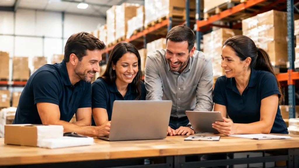 Agencia Marketing Digital 16 Equipo de trabajo reunido frente a una laptop revisando información comercial en un entorno operativo.