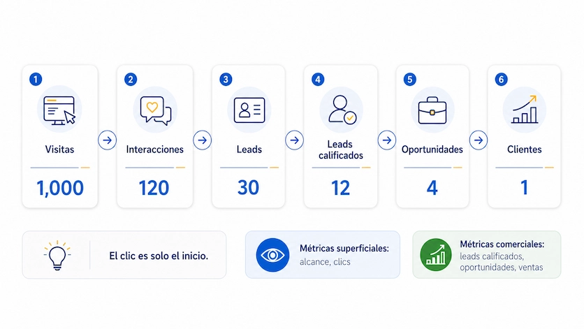 Cómo medir una campaña digital | KPIs, leads y ventas 3 Infografía que muestra cómo una campaña digital avanza desde visitas e interacciones hasta leads, leads calificados, oportunidades comerciales y clientes.
