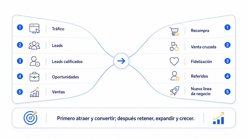 Cómo medir una campaña digital | KPIs, leads y ventas 4 Infografía de doble embudo que muestra cómo una campaña digital puede captar leads, convertir oportunidades y luego generar recompra, fidelización, referidos y nuevas líneas de negocio.