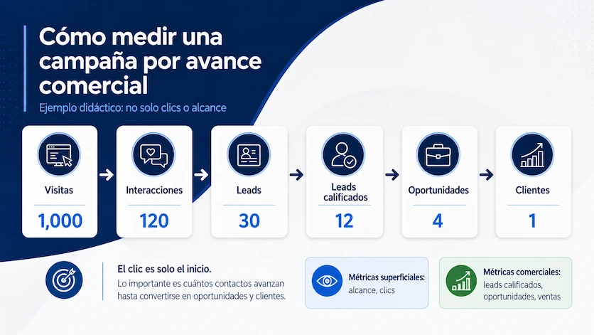 Infografía sobre cómo medir una campaña digital por avance comercial desde visitas, interacciones y leads hasta oportunidades y clientes.