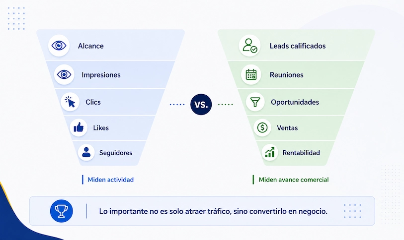 Cómo medir una campaña digital | KPIs, leads y ventas 1 Infografía que compara métricas superficiales como alcance, impresiones y clics con métricas comerciales como leads calificados, oportunidades, ventas y rentabilidad.