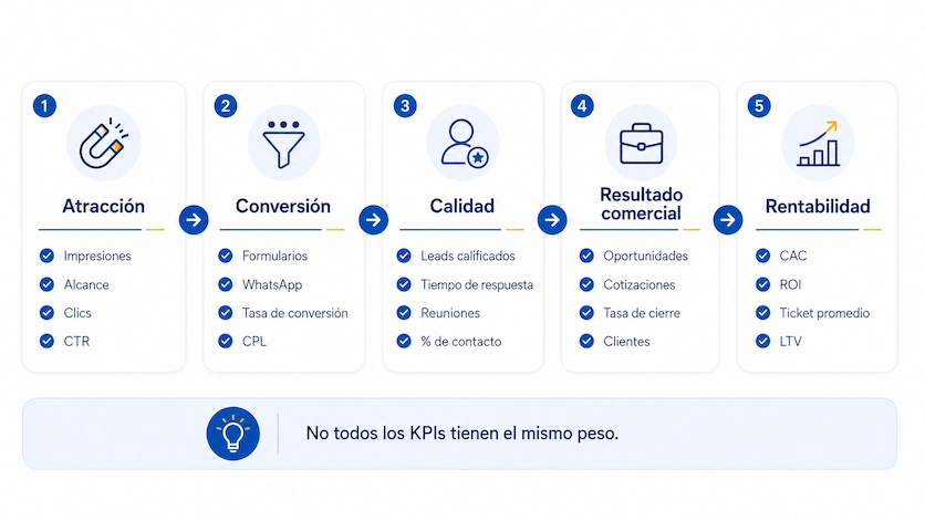 Cómo medir una campaña digital | KPIs, leads y ventas 2 nfografía con los principales KPIs de una campaña digital organizados por atracción, conversión, calidad, resultado comercial y rentabilidad.