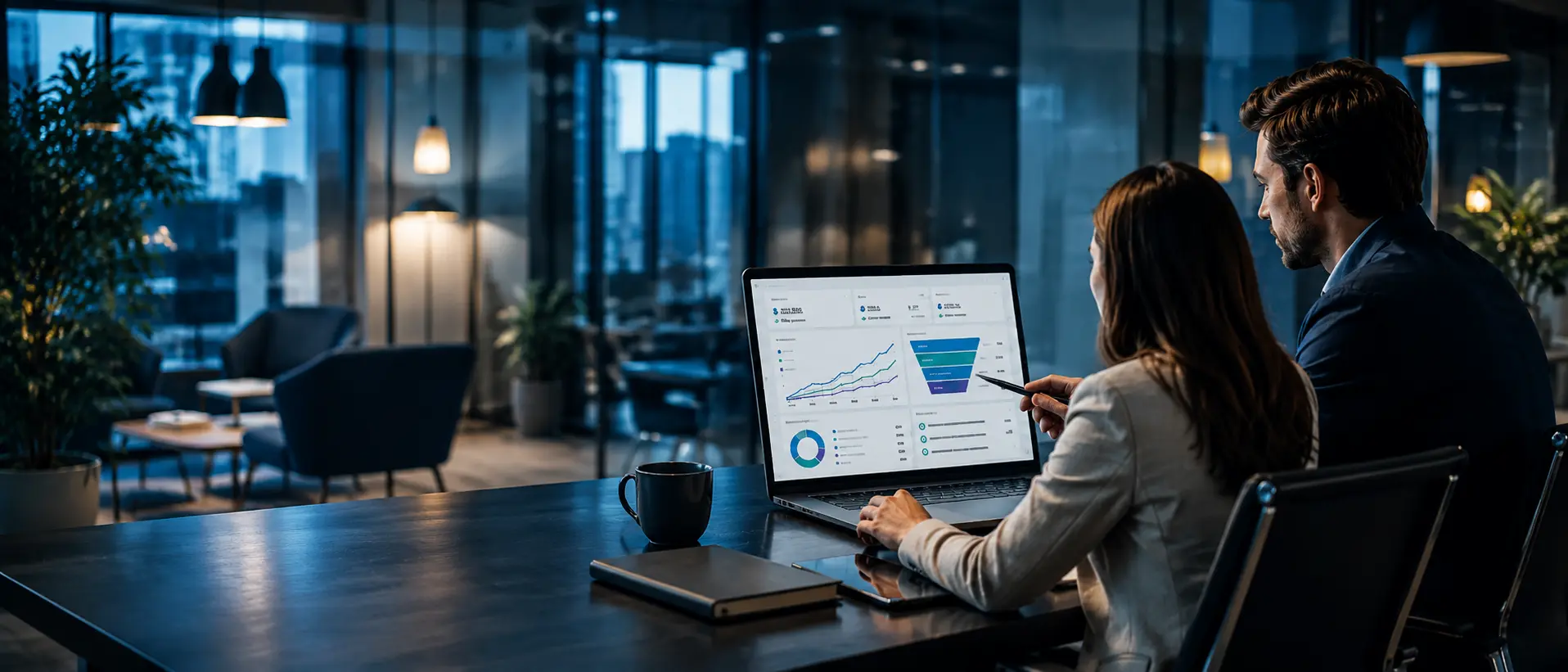 Equipo analizando KPIs de una campaña digital en una oficina para medir leads, oportunidades comerciales y ventas.