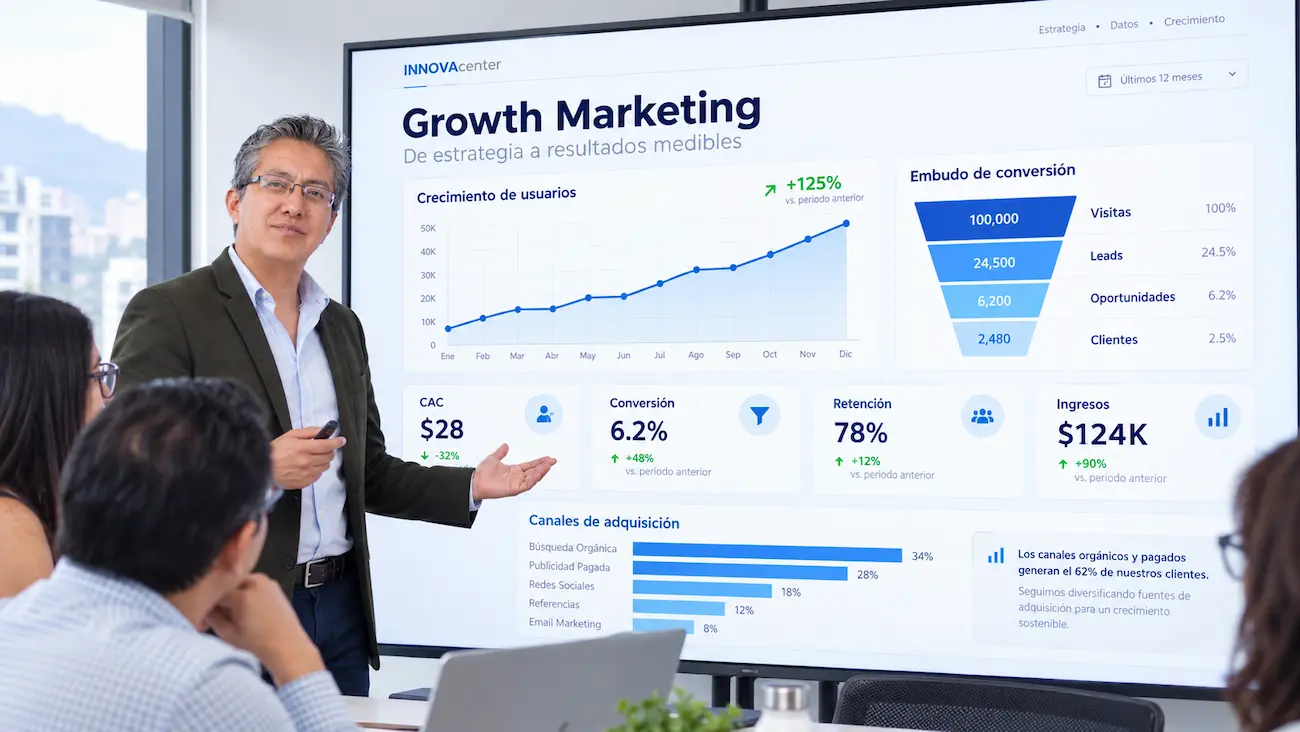 Innovación Digital 17 Análisis de Growth Marketing con métricas, embudo de conversión, adquisición de clientes y crecimiento.